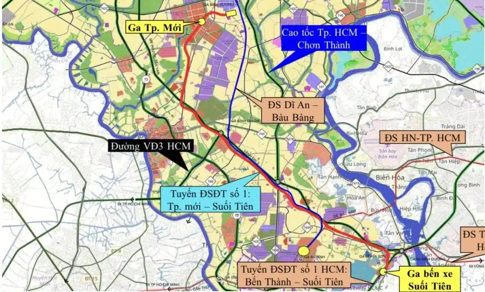 Bản đồ quy hoạch tuyến Metro số 1 Bến Thành - Suối Tiên kéo dài đến Bình Dương năm 2026